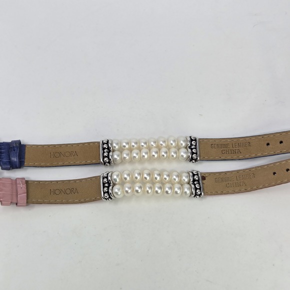 HONORA Set 2 Gen Leather Pearl Sterling Silver 925 Double Row Bracelet Pink Blue - Picture 11 of 11